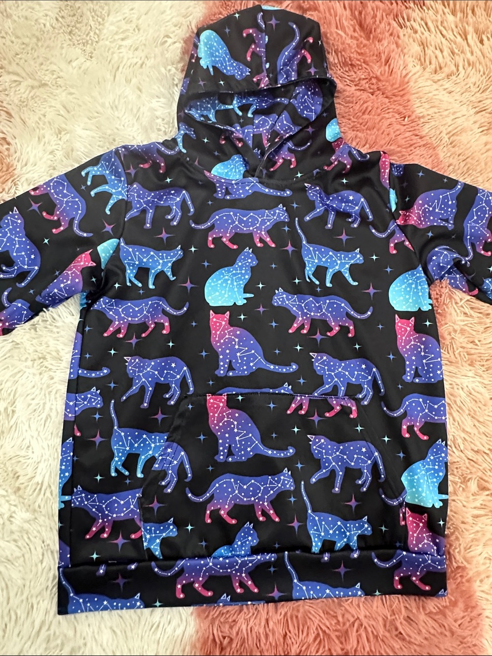 Galaxy Cat Print Hoodie - Black with Blue & Purple